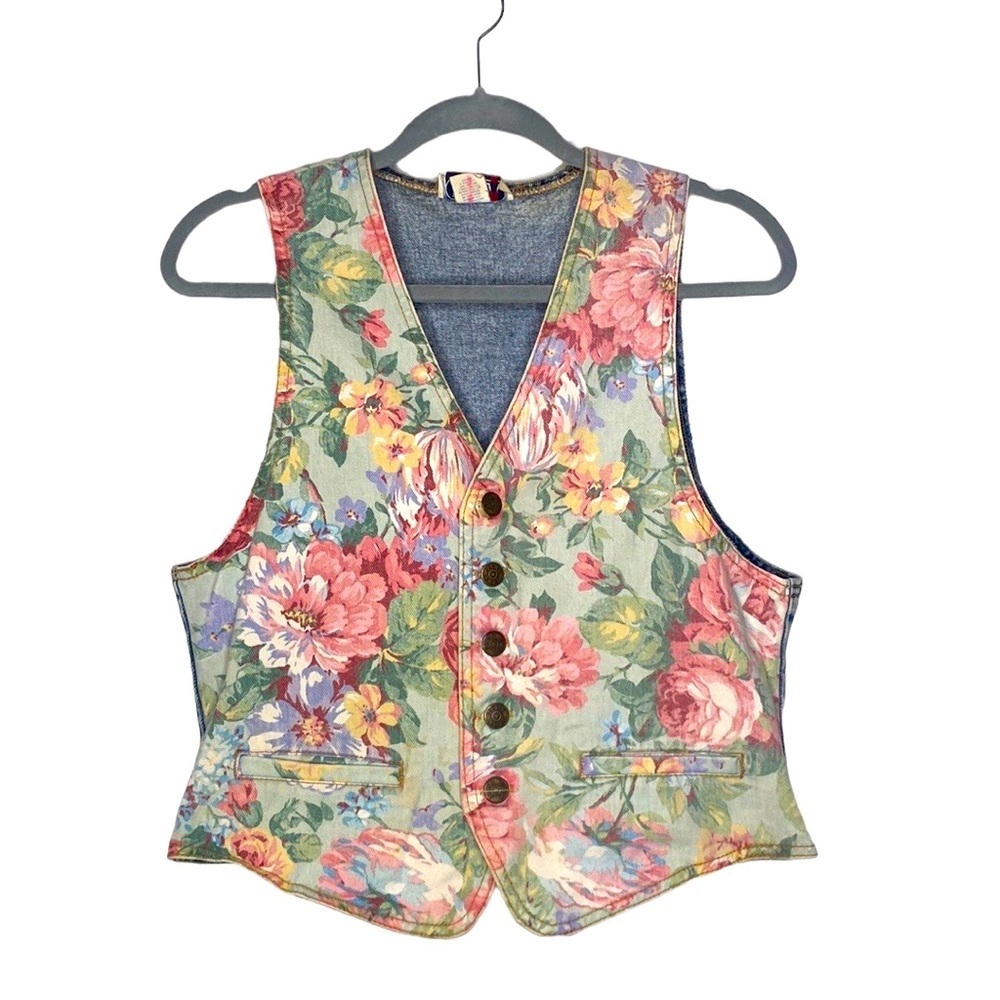 Zena Women's Vintage Pink & Green Floral Print Denim Button-Down Vest size Large